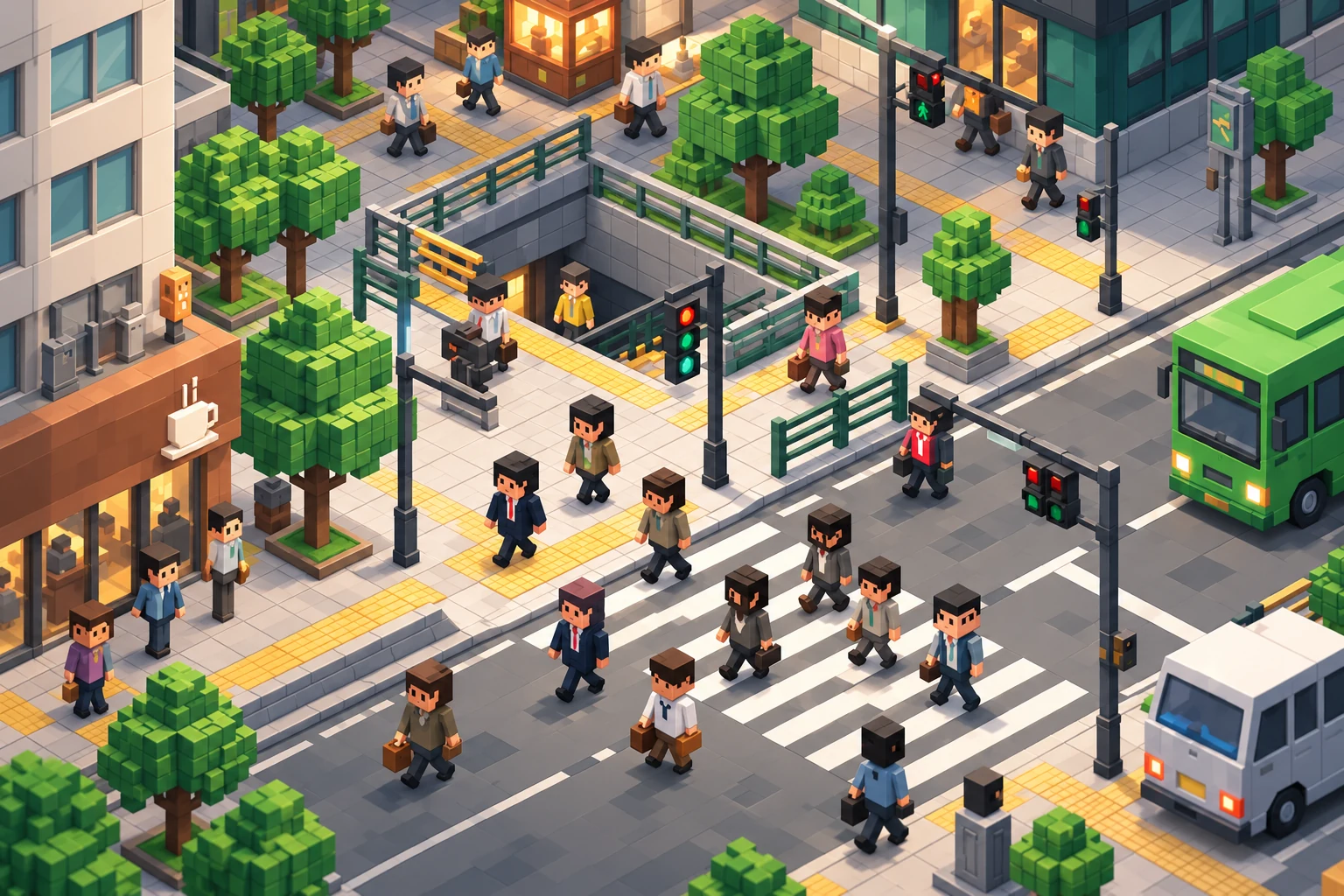 Concept illustration of commuters crossing a miniature city street beside a subway entrance.